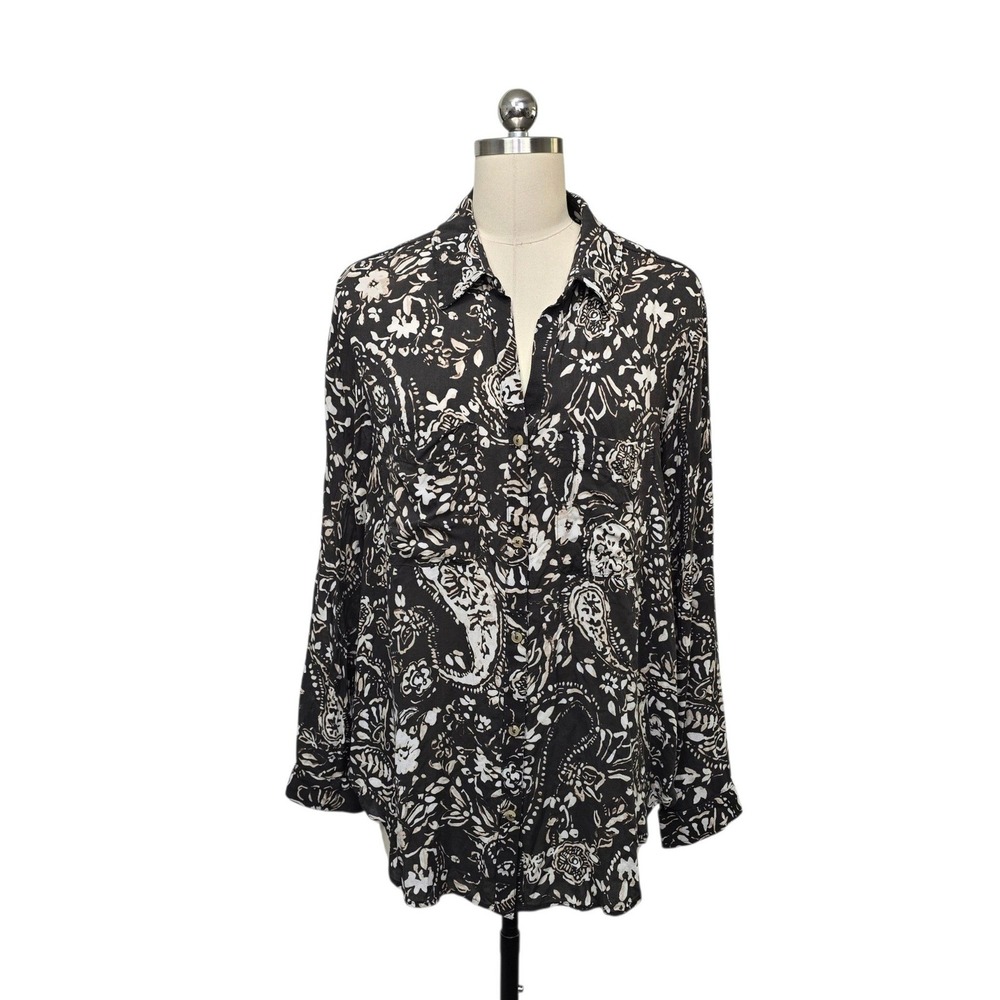 Pilcro Anthropologie Black White Paisley Floral Button Down Shirt Size Large